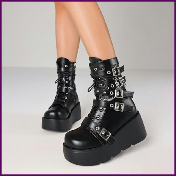 Platform Combat Boots with Side Zip Wedge Heel Leather Motorcycle - Picture 5 of 8